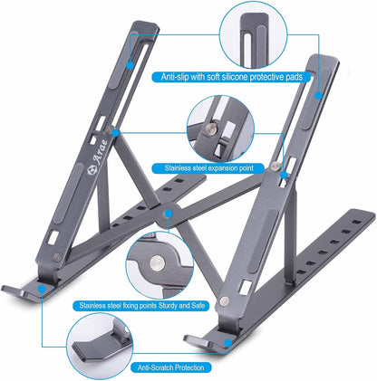 Laptop Stand for Desk, Adjustable Ergonomic Portable Aluminum Laptop Holder, Foldable Computer Stand 6 Angles Anti-Slip Laptop Riser Compatible with 9-15.6 Inch Laptops, Gray